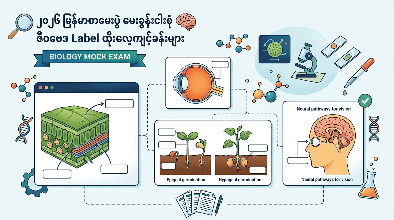 2026 Myanmar Exam မေးခွန်းငါးစုံ ဇီဝဗေဒ Label ထိုးလေ့ကျင့်ခန်းများ
